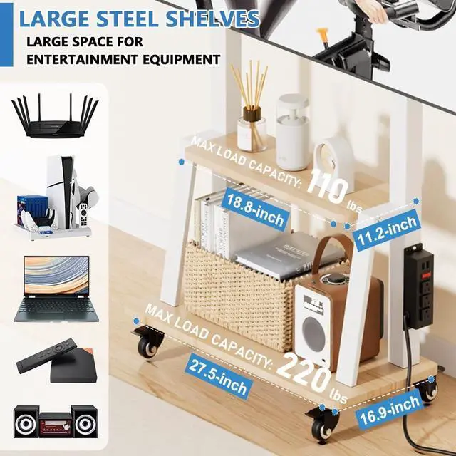 Alt view image 5 of 7 - Mobile TV Stand with Power Outlet, Wood Shelf Portable TV Stand on Wheels for 32 to 55 65 70 75 inch Television, Height Adjustable White TV Cart, Holds up to 130LBS, Vesa 600×400mm.