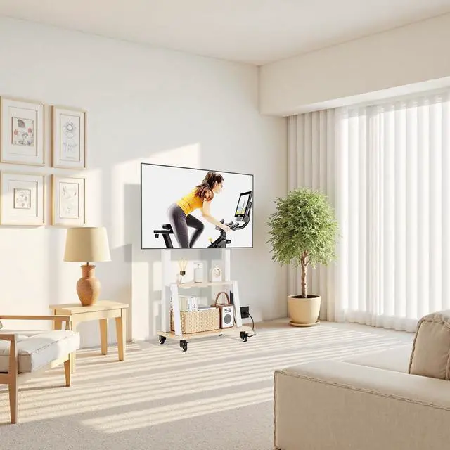 Alt view image 6 of 7 - Mobile TV Stand with Power Outlet, Wood Shelf Portable TV Stand on Wheels for 32 to 55 65 70 75 inch Television, Height Adjustable White TV Cart, Holds up to 130LBS, Vesa 600×400mm.