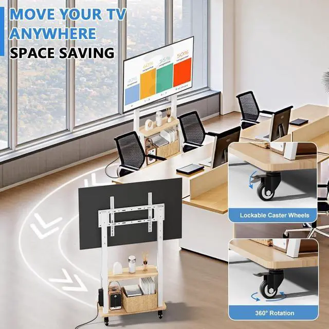 Alt view image 7 of 7 - Mobile TV Stand with Power Outlet, Wood Shelf Portable TV Stand on Wheels for 32 to 55 65 70 75 inch Television, Height Adjustable White TV Cart, Holds up to 130LBS, Vesa 600×400mm.
