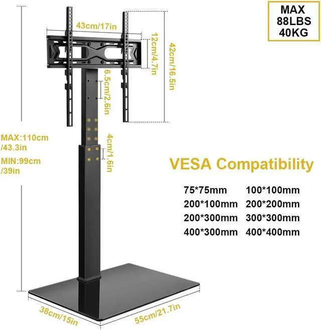 Alt view image 4 of 7 - Floor TV Stand for 27-65 inch LED Screen Adjustable TV Stand with Mount Swivel Floor Televisions Stand with Tempered Glass Base for Corner Bedroom Living Room Max VESA 400x400mm