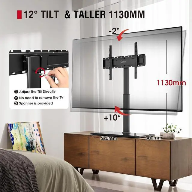 Alt view image 3 of 7 - Universal Swivel TV Stand Table Top Mount Stand for 43 to 85 inch TVs, 8 Level Height Adjustable with Tilting, Heavy Duty Tempered Glass Base, Holds up 110lbs, MAX VESA 400x600mm, Black