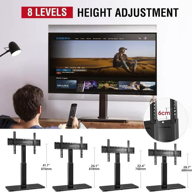 Alt view image 4 of 7 - Universal Swivel TV Stand Table Top Mount Stand for 43 to 85 inch TVs, 8 Level Height Adjustable with Tilting, Heavy Duty Tempered Glass Base, Holds up 110lbs, MAX VESA 400x600mm, Black