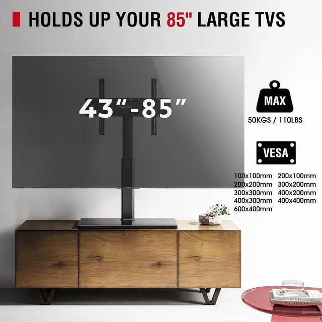 Alt view image 7 of 7 - Universal Swivel TV Stand Table Top Mount Stand for 43 to 85 inch TVs, 8 Level Height Adjustable with Tilting, Heavy Duty Tempered Glass Base, Holds up 110lbs, MAX VESA 400x600mm, Black
