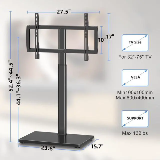 Alt view image 3 of 7 - Universal Pedestal TV Stand with Bracket for 32"-75" TVs Floor TV Stand w/Cable Management Holds 132lbs Max VESA 600x400mm TS004H