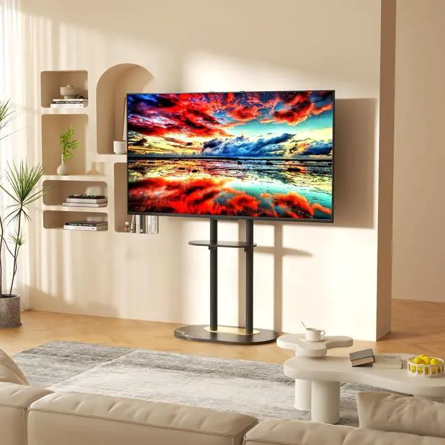 Alt view image 2 of 7 - unho Double-Pole Floor TV Stand for 45-75 inch Flat LCD LED Screen TVs, with Heavy Base & Sintered Stone Slate Shelf, Height Adjustable Standing TV Mount for Office Bedroom Meeting Room