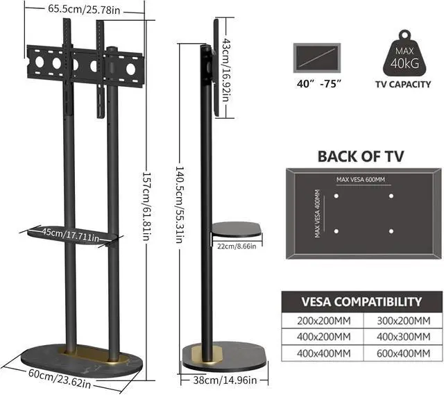 Alt view image 5 of 7 - unho Double-Pole Floor TV Stand for 45-75 inch Flat LCD LED Screen TVs, with Heavy Base & Sintered Stone Slate Shelf, Height Adjustable Standing TV Mount for Office Bedroom Meeting Room