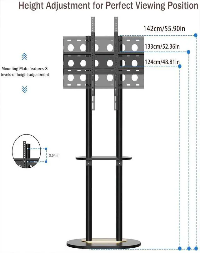 Alt view image 6 of 7 - unho Double-Pole Floor TV Stand for 45-75 inch Flat LCD LED Screen TVs, with Heavy Base & Sintered Stone Slate Shelf, Height Adjustable Standing TV Mount for Office Bedroom Meeting Room