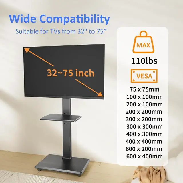 Alt view image 2 of 7 - Rolling TV Stand, Mobile TV Cart for 32-75 Inch TVs up to 110 lbs, 18 Adjustable Heights, TV Floor Stand with Swivel Mount & Shelf, Max VESA 600x400mm, TV Stand on Wheels for Bedroom, Office, Outdoor