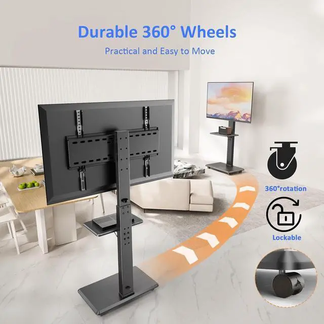 Alt view image 3 of 7 - Rolling TV Stand, Mobile TV Cart for 32-75 Inch TVs up to 110 lbs, 18 Adjustable Heights, TV Floor Stand with Swivel Mount & Shelf, Max VESA 600x400mm, TV Stand on Wheels for Bedroom, Office, Outdoor