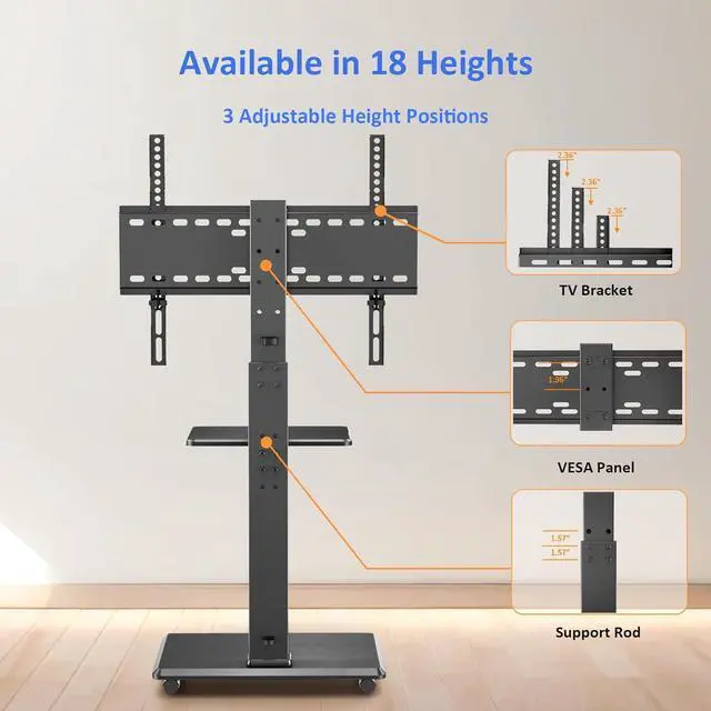 Alt view image 5 of 7 - Rolling TV Stand, Mobile TV Cart for 32-75 Inch TVs up to 110 lbs, 18 Adjustable Heights, TV Floor Stand with Swivel Mount & Shelf, Max VESA 600x400mm, TV Stand on Wheels for Bedroom, Office, Outdoor