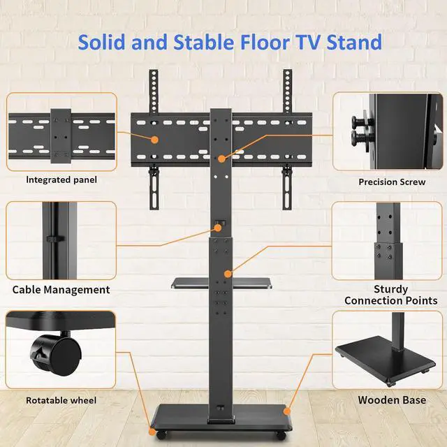Alt view image 6 of 7 - Rolling TV Stand, Mobile TV Cart for 32-75 Inch TVs up to 110 lbs, 18 Adjustable Heights, TV Floor Stand with Swivel Mount & Shelf, Max VESA 600x400mm, TV Stand on Wheels for Bedroom, Office, Outdoor