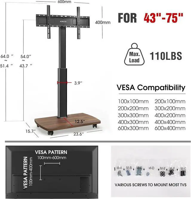 Alt view image 2 of 7 - Rolling TV Stand for 43 50 55 60 65 70 75 Inch TVs, Portable Mobile TV Stand on Wheels, 10-Level Height Adjustable TV Cart with Swivel & Tilt Mount for Bedroom/Living Room/Office/Corner