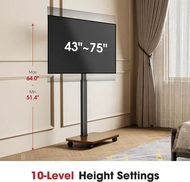 Alt view image 3 of 7 - Rolling TV Stand for 43 50 55 60 65 70 75 Inch TVs, Portable Mobile TV Stand on Wheels, 10-Level Height Adjustable TV Cart with Swivel & Tilt Mount for Bedroom/Living Room/Office/Corner