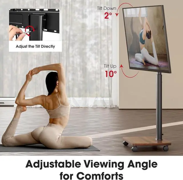 Alt view image 4 of 7 - Rolling TV Stand for 43 50 55 60 65 70 75 Inch TVs, Portable Mobile TV Stand on Wheels, 10-Level Height Adjustable TV Cart with Swivel & Tilt Mount for Bedroom/Living Room/Office/Corner