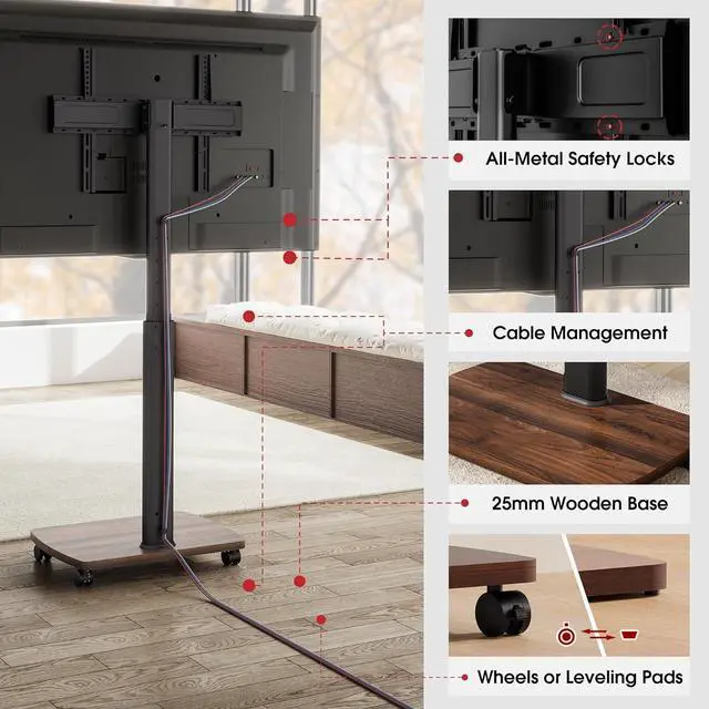 Alt view image 6 of 7 - Rolling TV Stand for 43 50 55 60 65 70 75 Inch TVs, Portable Mobile TV Stand on Wheels, 10-Level Height Adjustable TV Cart with Swivel & Tilt Mount for Bedroom/Living Room/Office/Corner