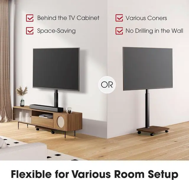 Alt view image 7 of 7 - Rolling TV Stand for 43 50 55 60 65 70 75 Inch TVs, Portable Mobile TV Stand on Wheels, 10-Level Height Adjustable TV Cart with Swivel & Tilt Mount for Bedroom/Living Room/Office/Corner