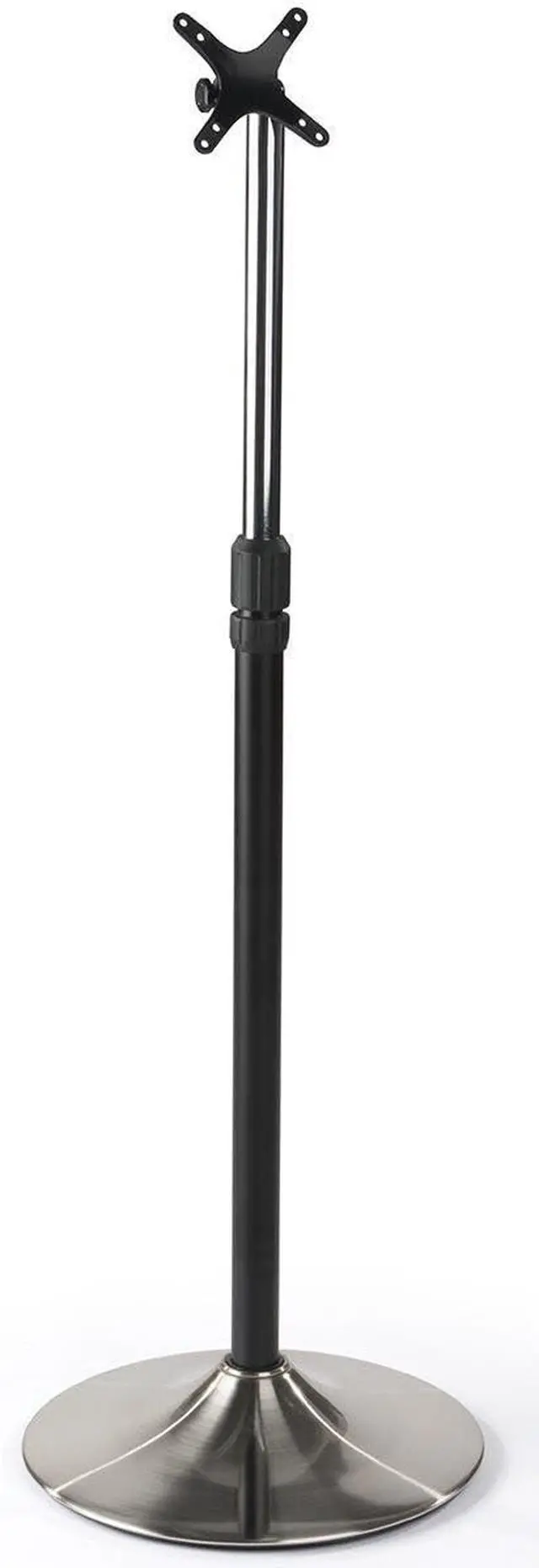 Main image of Displays2go Television Mount Pole with Round Base, Height Adjustable Pole, Steel Construction  Black & Brushed Silver (TVSVM1332B)