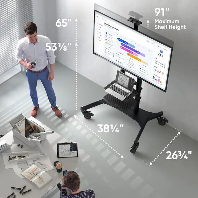 Alt view image 3 of 7 - ONKRON Mobile TV Stand on Wheels for 50-86 Inch TVs, max Load up to 233 lbs, Height Adjustable TV Stand Portable, max VESA 800x500 - Movable, Rolling TV Cart with Wheels and Shelves Black