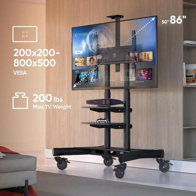 Alt view image 2 of 7 - ONKRON Mobile TV Stand on Wheels for 50-86 Inch TVs, max Load up to 233 lbs, Height Adjustable TV Stand Portable, max VESA 800x500 - Movable, Rolling TV Cart with Wheels and Shelves Black