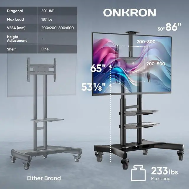 Alt view image 4 of 7 - ONKRON Mobile TV Stand on Wheels for 50-86 Inch TVs, max Load up to 233 lbs, Height Adjustable TV Stand Portable, max VESA 800x500 - Movable, Rolling TV Cart with Wheels and Shelves Black