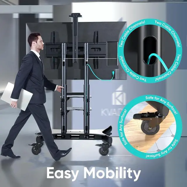 Alt view image 6 of 7 - ONKRON Mobile TV Stand on Wheels for 50-86 Inch TVs, max Load up to 233 lbs, Height Adjustable TV Stand Portable, max VESA 800x500 - Movable, Rolling TV Cart with Wheels and Shelves Black