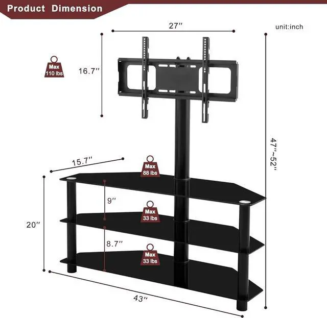 Alt view image 6 of 7 - 3 Tier Swivel Floor TV Stand, Height Adjustable Bracket Entertainment Stand for 32" to 65" Plasma LCD LED Flat or Curved Screen Multi-Function TV Stand, BlackTempered Glass Television Stands