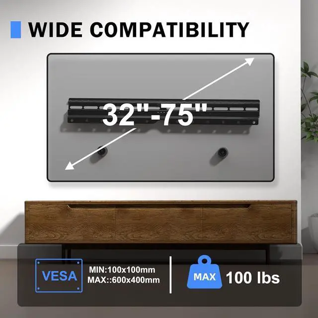 Alt view image 7 of 7 - No Stud TV Wall Mount, Drywall Studless TV Hanger for Most 32-75 inch Flat Screen TVs, Holds up to 100lbs, No Stud, No Drill, No Anchors, Easy Install (MF81M)