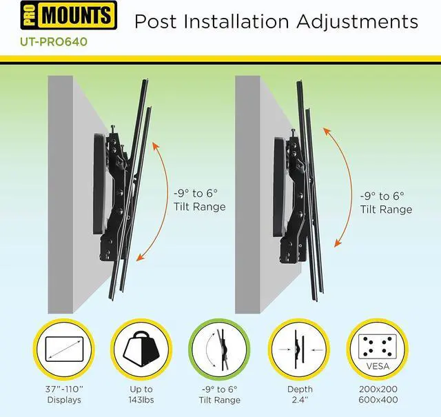 Alt view image 2 of 7 - ProMounts Low Profile Tilting TV Wall Mount Brackets for Most 37 to 110-inch Flat and Curved LED, LCD, Plasma Displays, Holds 143 lbs. Max VESA 600x400