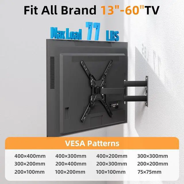 Alt view image 2 of 7 - GearFusion Full Motion TV Monitor Bracket, Articulating TV Wall Mount for Most 13-60 Inch LED LCD Flat Curved TVs, TVs Mount with Extension Swivels Tilt, Max VESA 400x400mm up to 77 lbs