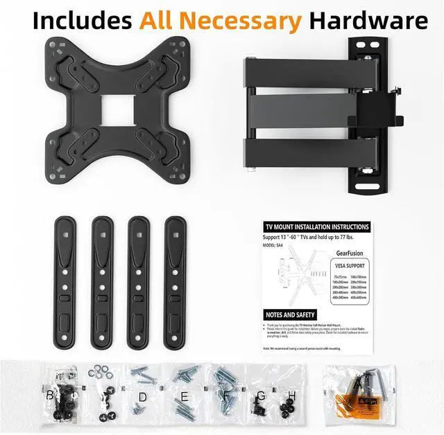 Alt view image 7 of 7 - GearFusion Full Motion TV Monitor Bracket, Articulating TV Wall Mount for Most 13-60 Inch LED LCD Flat Curved TVs, TVs Mount with Extension Swivels Tilt, Max VESA 400x400mm up to 77 lbs