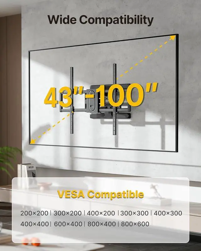 Alt view image 2 of 7 - monTEK Heavy Duty Full Motion TV Wall Mount for 43100 Inch TVs Pre-Assembled Bracket with Tool-Free Tilt Swivel & Extension Max VESA 800x600, 150lbs 4X Strength Tested Fits 16/18 Inch Studs, HW1276BK