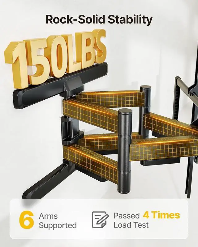 Alt view image 4 of 7 - monTEK Heavy Duty Full Motion TV Wall Mount for 43100 Inch TVs Pre-Assembled Bracket with Tool-Free Tilt Swivel & Extension Max VESA 800x600, 150lbs 4X Strength Tested Fits 16/18 Inch Studs, HW1276BK