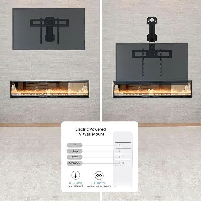 Alt view image 7 of 7 - Motorized Fireplace TV Wall Mount for 32 to 75 inch Screen up to 88 lbs, Drop Down TV Mount Height-Adjustable, Black