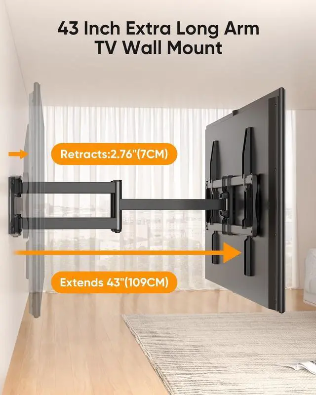 Alt view image 5 of 7 - FORGING MOUNT Long Arm TV Wall Mount with 42.9 inch Extension and Power Strip for 60110 Inch TVs, Heavy Duty Full Motion TV Mount,VESA 900x600mm,up to 220 lbs,Smooth Swivel, Tilt,16-24 Wood Studs