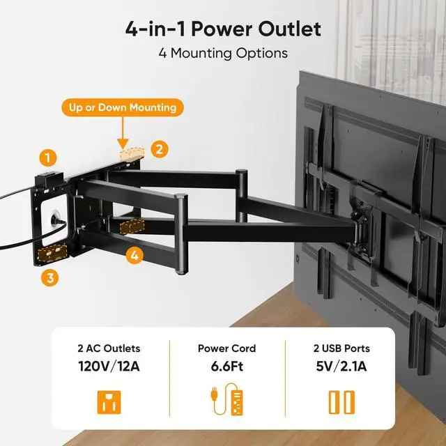 Alt view image 6 of 7 - FORGING MOUNT Long Arm TV Wall Mount with 42.9 inch Extension and Power Strip for 60110 Inch TVs, Heavy Duty Full Motion TV Mount,VESA 900x600mm,up to 220 lbs,Smooth Swivel, Tilt,16-24 Wood Studs