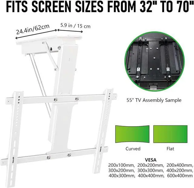 Alt view image 5 of 7 - Ywin Electric Ceiling TV Mount with Remote, Motorized Ceiling TV Mount Flip Down Bracket for 32 to 70 inch, Flat and Curved Screen TVs, Pitched Roof VESA Mount(White)
