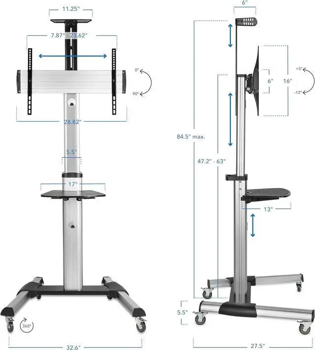 Alt view image 6 of 7 - Mount-It! Mobile TV Stand for Flat Screen Televisions, Height Adjustable Rolling TV Cart for 32, 40, 50, 55, 60, 65 and 70 Inch Screens, 110 Pound Capacity