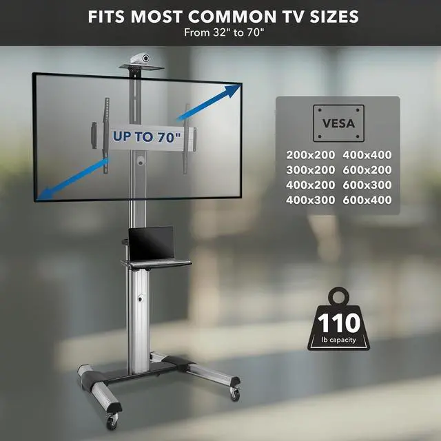 Alt view image 5 of 7 - Mount-It! Mobile TV Stand for Flat Screen Televisions, Height Adjustable Rolling TV Cart for 32, 40, 50, 55, 60, 65 and 70 Inch Screens, 110 Pound Capacity