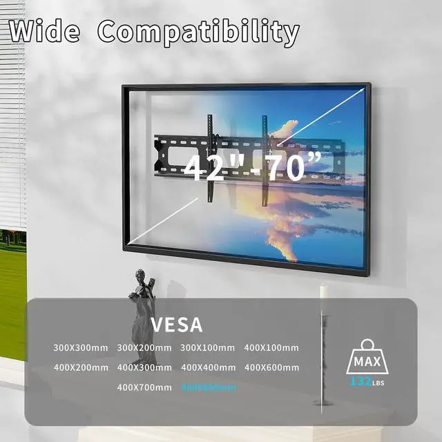 Alt view image 3 of 7 - TV Wall Mount for 42-70 Inch Screen TVs, Fixed Low Profile TV Mount Fits Up to 132lbs & VESA 800x400mm, Adjustable 12 Deg Tilt Wall Mount Tv Bracket