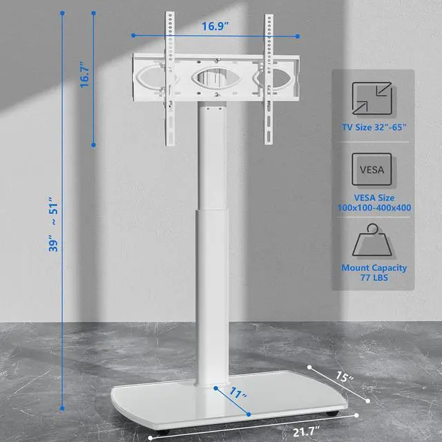 Alt view image 4 of 7 - Rfiver TV Floor Stand with Swivel Mount, Universal for 32-65 Inch LCD LED Flat Screens, White Height Adjustable Space Saving Corner TV Stand for Home Office with Wire Management, VESA 400x400 mm