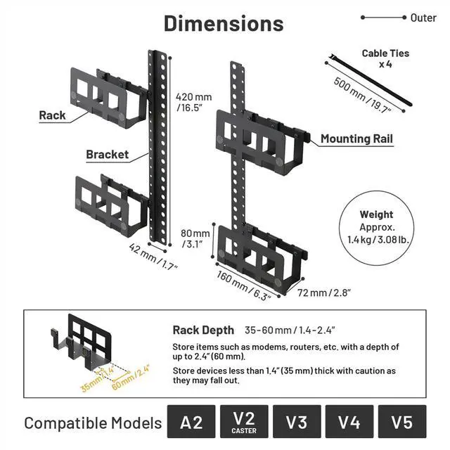 Alt view image 7 of 7 - WALL Multi-Device Holder with 4 Racks + Mounting Hardware, Accessory for TV Stand A2/V2/V2 CASTER/V3/V4/V5