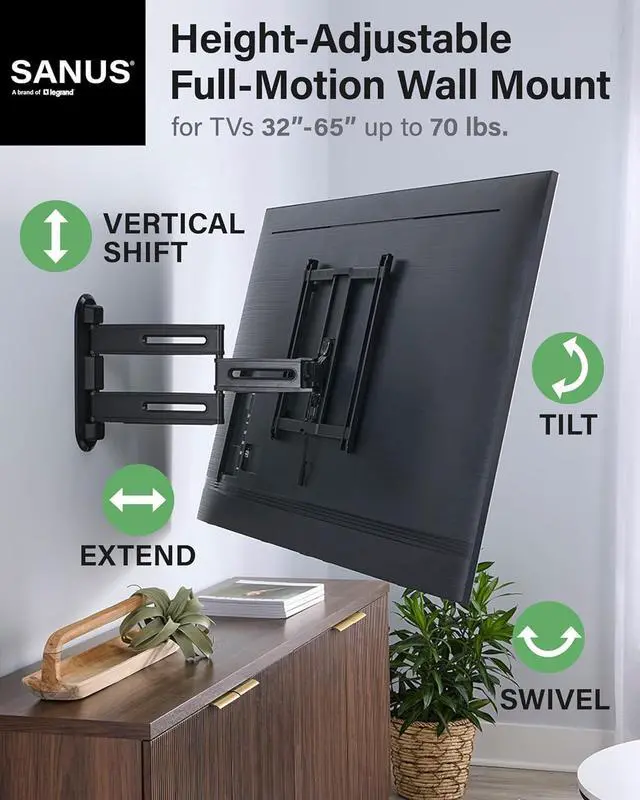 Alt view image 2 of 7 - SANUS Height Adjustable Full Motion TV Wall Mount for 32 to 65 TVs  Raise or Lower TV 3 After Install  Maximizes Compatibility with Your Setup  3 Step DIY w/Smooth Extension, Tilt & Swivel