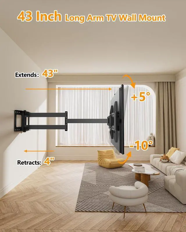 Alt view image 2 of 7 - FORGING MOUNT Long Extension TV Mount Full Motion Wall Bracket with 42 inch Long Arm Articulating TV Wall Mount for 37 to 80 Inch Flat/Curve TVs, VESA 600x400mm Compatible, Holds up to 110 lbs