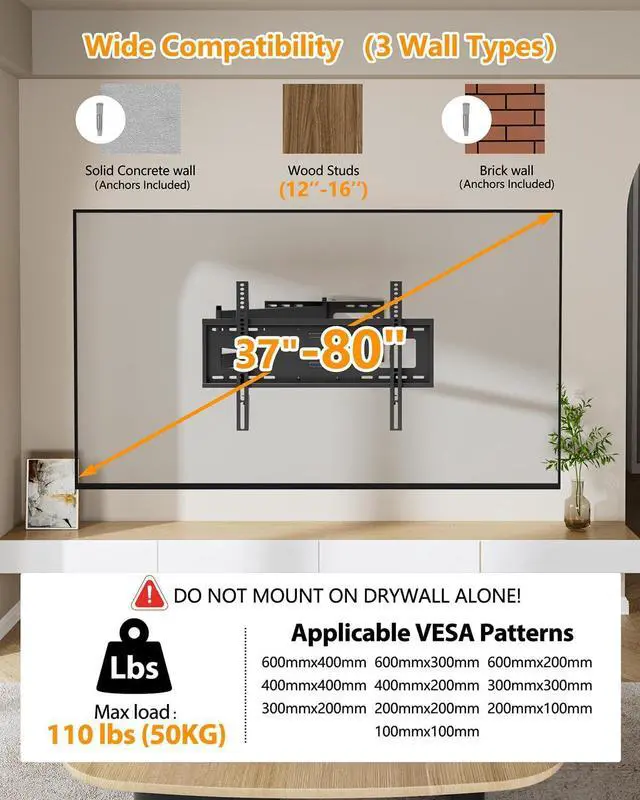 Alt view image 3 of 7 - FORGING MOUNT Long Extension TV Mount Full Motion Wall Bracket with 42 inch Long Arm Articulating TV Wall Mount for 37 to 80 Inch Flat/Curve TVs, VESA 600x400mm Compatible, Holds up to 110 lbs