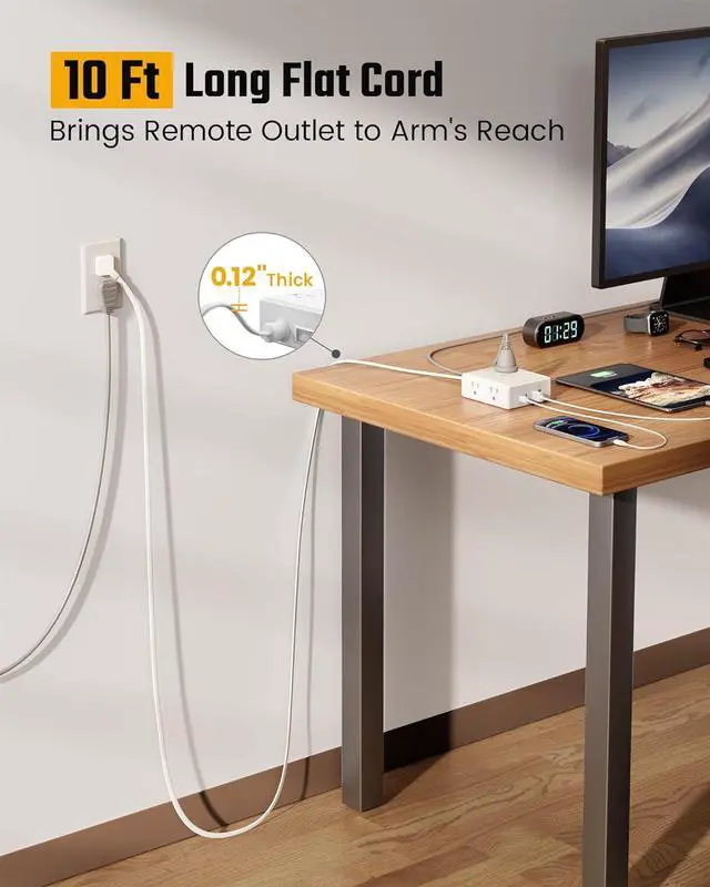 Alt view image 2 of 7 - 10Ft Extension Cord with Multiple Outlets, Flat Plug Surge Protector Power Strip 10 Ft Long Cord, 8 Outlets & 4 USB Ports (2 USB C), Desk Charging Station for Home Office, College Dorm Room Essentials