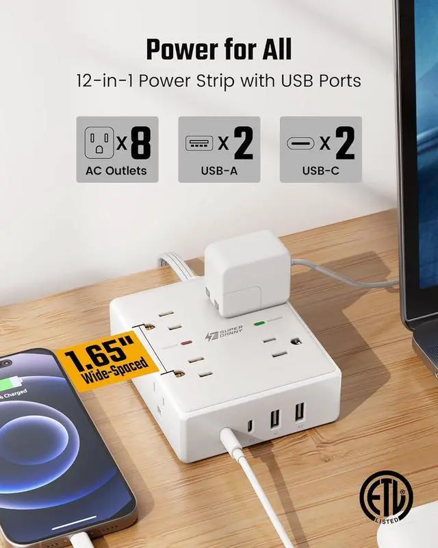 Alt view image 3 of 7 - 10Ft Extension Cord with Multiple Outlets, Flat Plug Surge Protector Power Strip 10 Ft Long Cord, 8 Outlets & 4 USB Ports (2 USB C), Desk Charging Station for Home Office, College Dorm Room Essentials