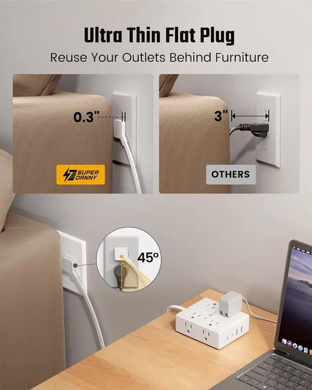 Alt view image 4 of 7 - 10Ft Extension Cord with Multiple Outlets, Flat Plug Surge Protector Power Strip 10 Ft Long Cord, 8 Outlets & 4 USB Ports (2 USB C), Desk Charging Station for Home Office, College Dorm Room Essentials