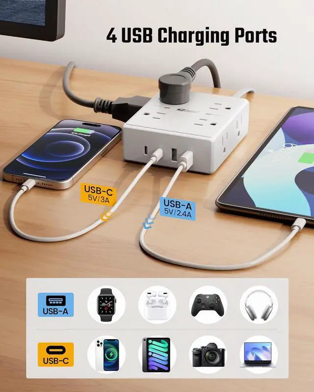 Alt view image 5 of 7 - 10Ft Extension Cord with Multiple Outlets, Flat Plug Surge Protector Power Strip 10 Ft Long Cord, 8 Outlets & 4 USB Ports (2 USB C), Desk Charging Station for Home Office, College Dorm Room Essentials