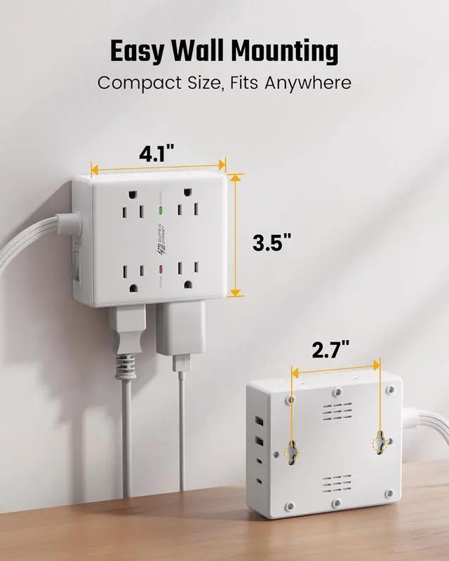 Alt view image 7 of 7 - 10Ft Extension Cord with Multiple Outlets, Flat Plug Surge Protector Power Strip 10 Ft Long Cord, 8 Outlets & 4 USB Ports (2 USB C), Desk Charging Station for Home Office, College Dorm Room Essentials