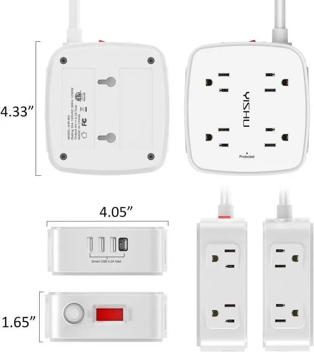 Alt view image 7 of 7 - 6 Ft Surge Protector Power Strip - 8 Widely Outlets with 4 USB Ports, 3 Side Outlet Extender with 6 Feet Extension Cord, Flat Plug, Wall Mount, Desk USB Charging Station, ETL,White